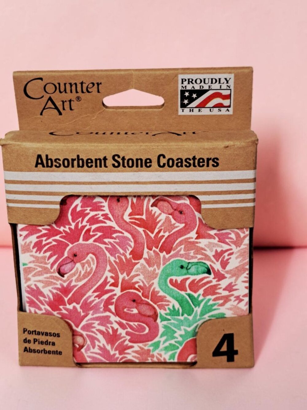 Counter Art Absorbent Stone Coasters Flamingos Set Of 4 in box